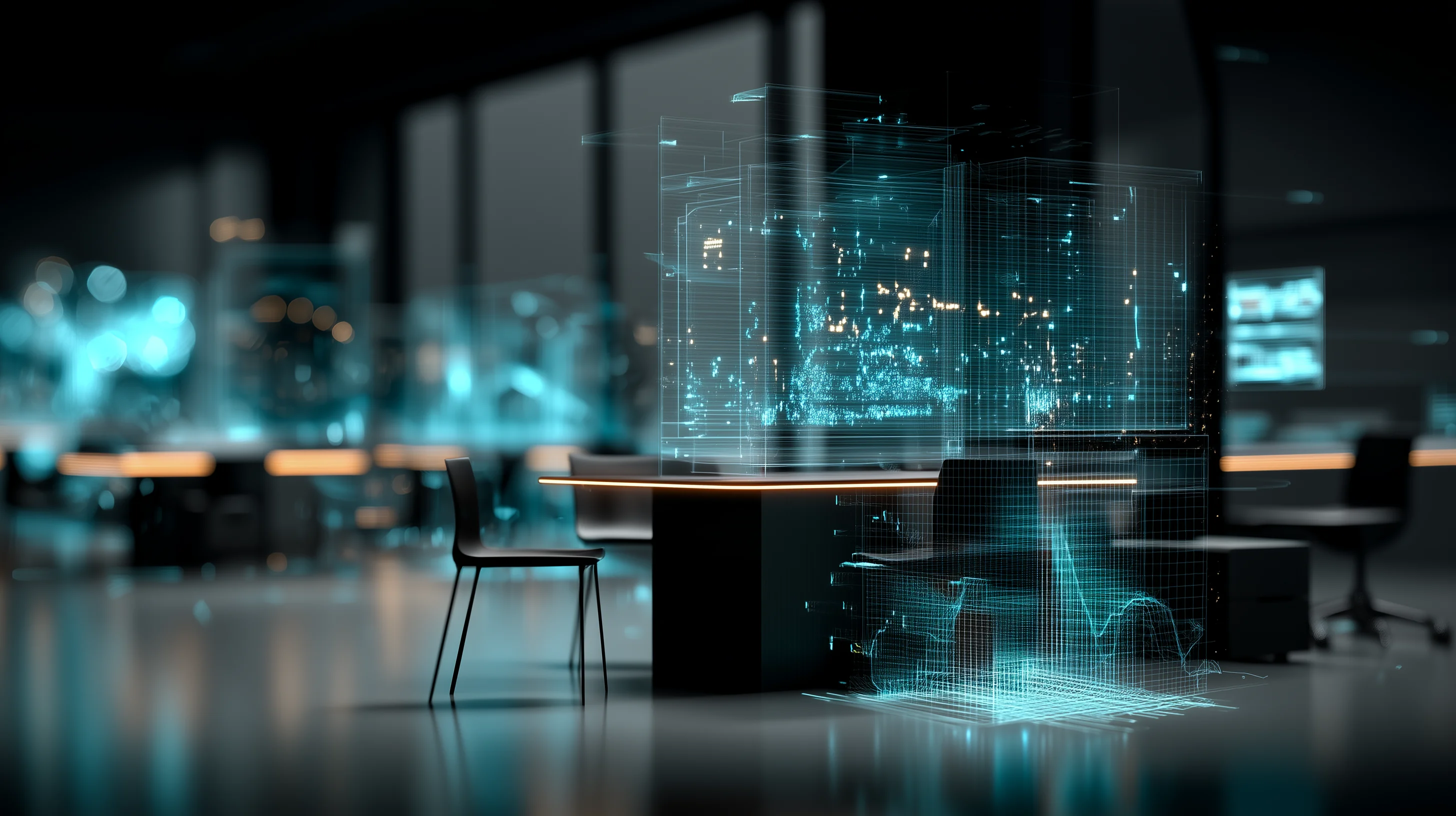 Operations room with teal displays and monitoring screens