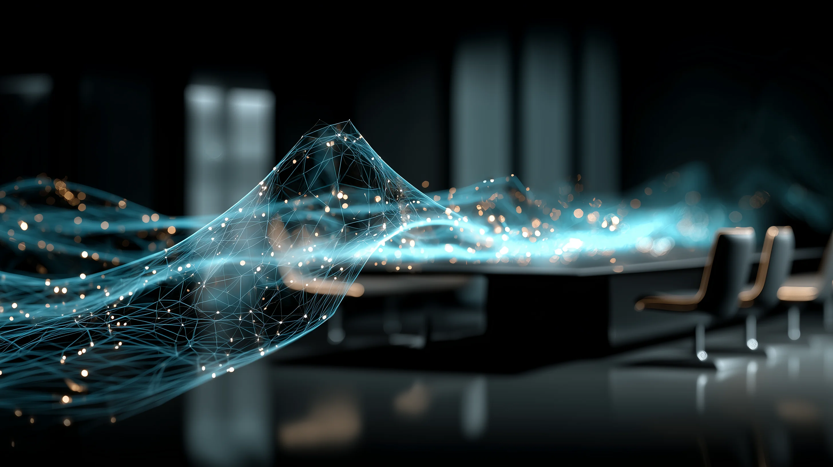 Executive briefing room with holographic data displays